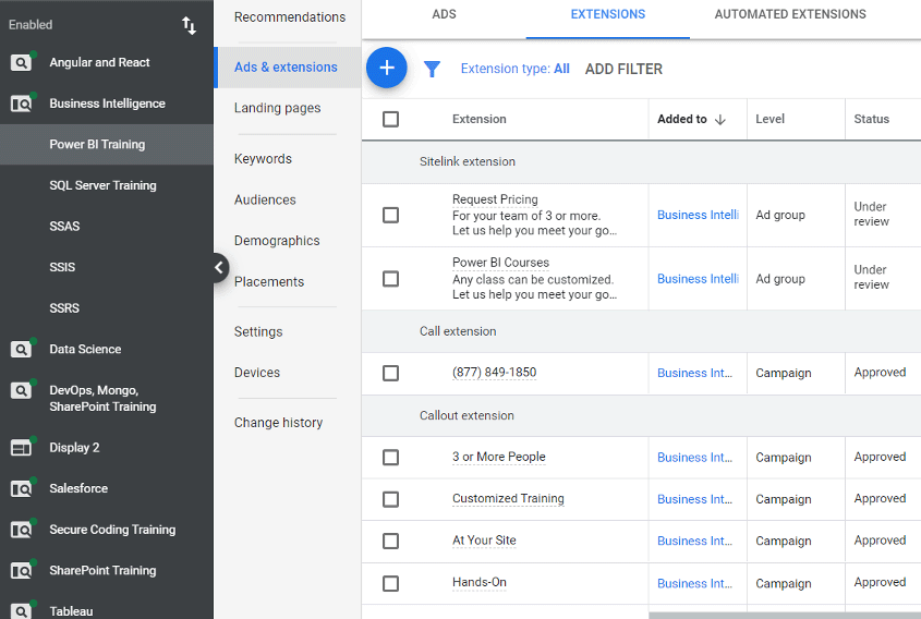 Google Ad Group extensions