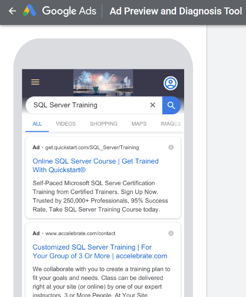 Google Ad preview and diagnosis tool