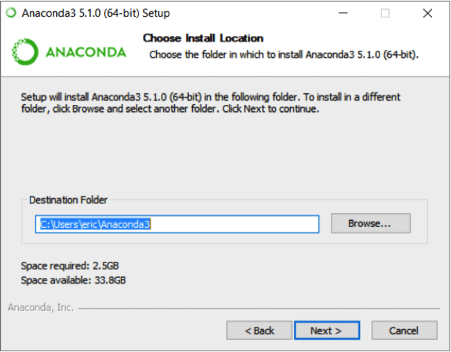 Choose Anaconda install location screen