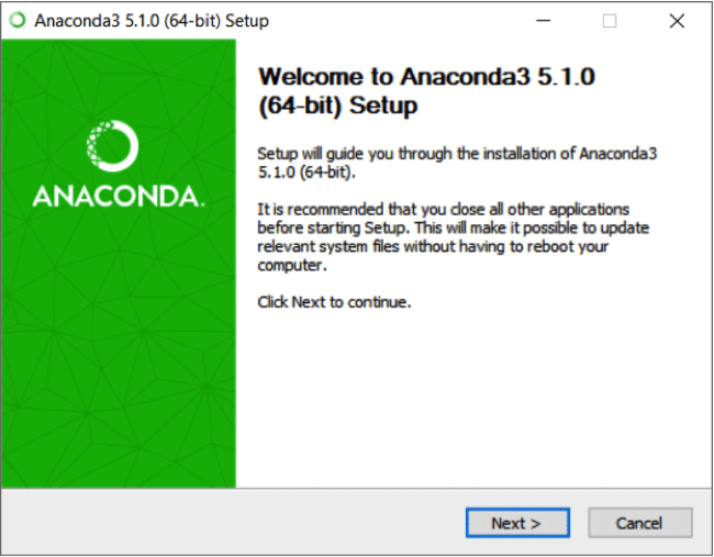 Anaconda Setup Welcome screen