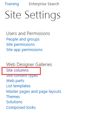 Site Settings, Site Columns menu item