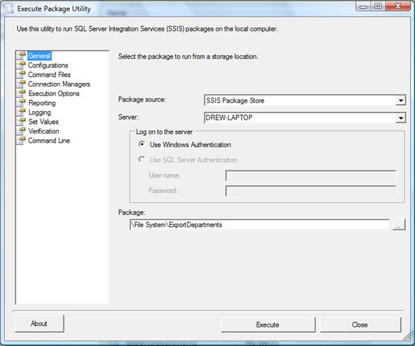 Figure 16-13: Executing a package from SQL Server Management Studio