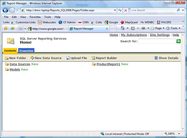 Figure 17-11: Reporting Services home page