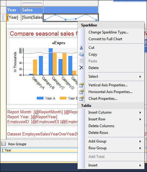 Figure 4: Sparkline and Tablix Menu