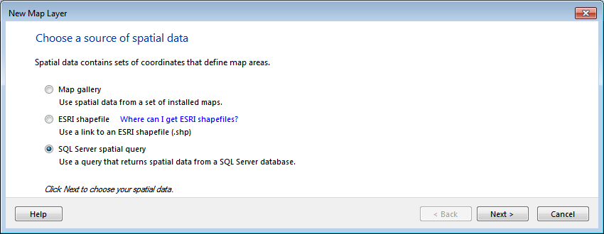 Figure 25: Choosing a Source for Spatial Data