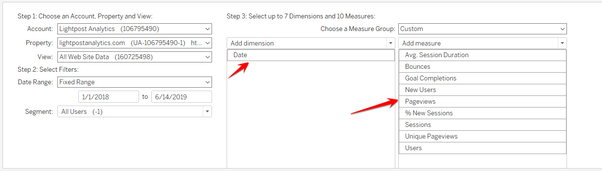 Select the dimentions and measures you want to use.